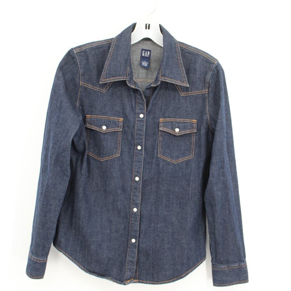 VTG GAP Hong Kong Dark Blue Denim Shirt Western Pearl Snap Flap Pocket Medium